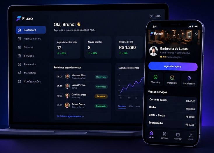 Painel do Flux no notebook e Mini Site no celular